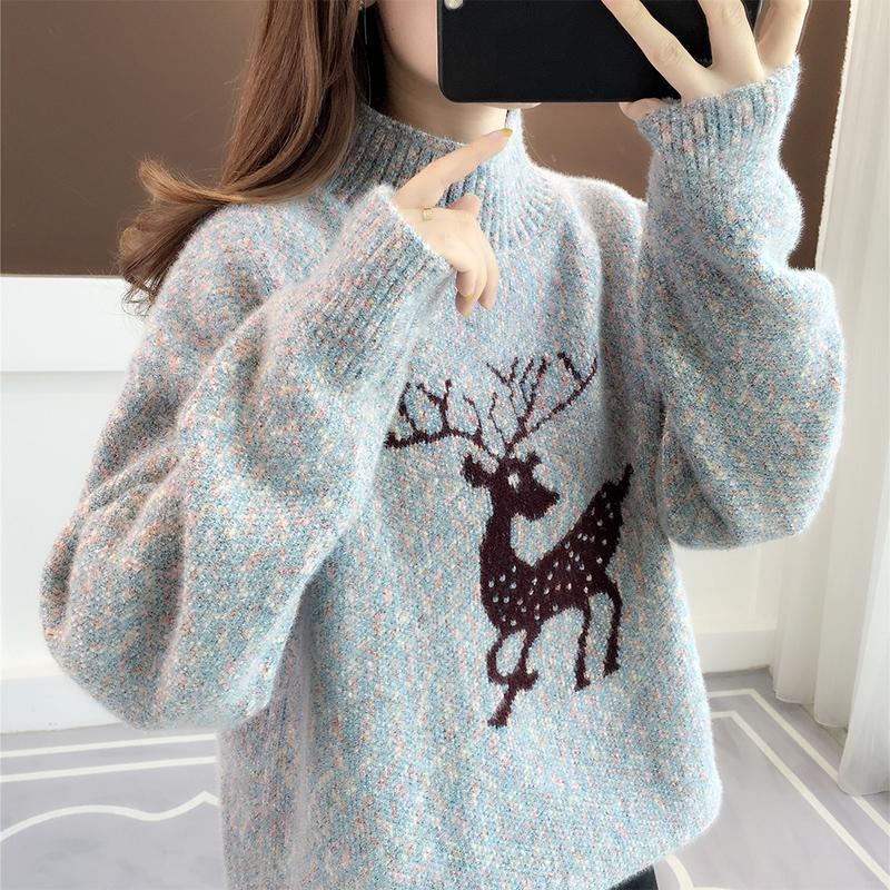 Winter White Elk Sweater Pullover Half-High Collar Loose Wear Lazy Wind Thick Undershirt