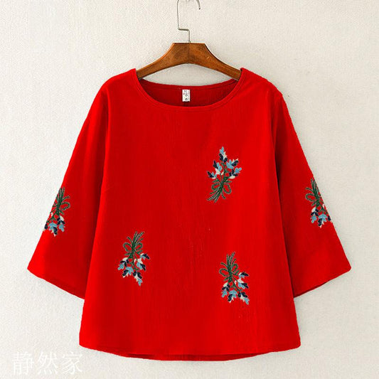 Pure Cotton T-shirt Women Summer Embroidered Art T-shirt Women Loose Top Three-quarter Sleeves Ethnic Style Bottoming Casual T-shirt