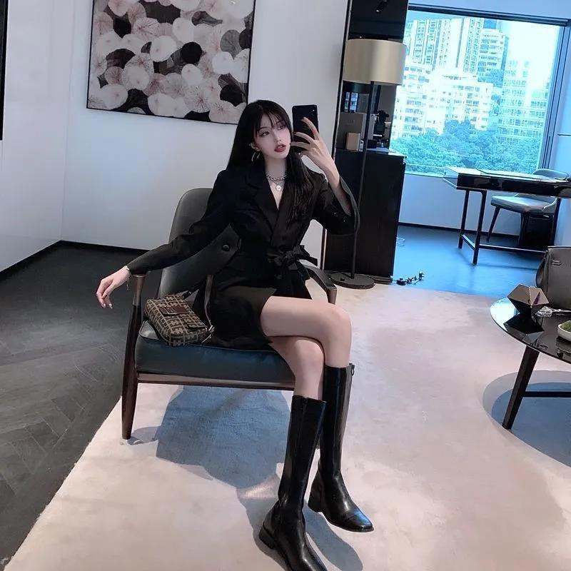 Women Spring and Autumn Casual Fashion blazer Belt Slim Long-sleeved Jacket Solid Color Blazer All-match Blouse Black Temperament Suit