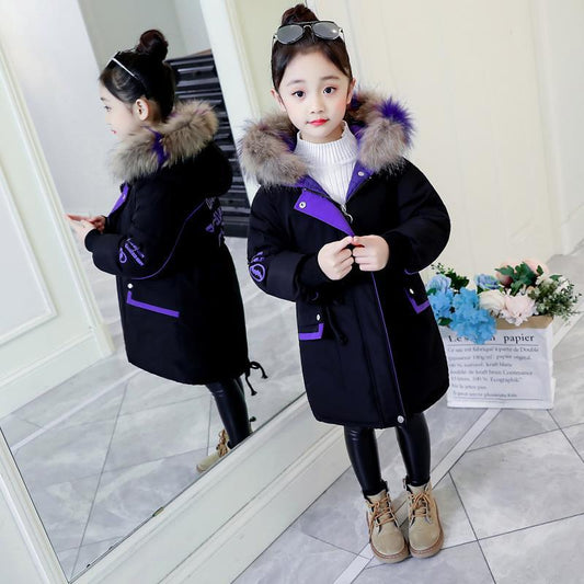 Girls' Autumn and Winter Clothes Windproof and Warm Cotton Clothes Mid-length Thick Coat
