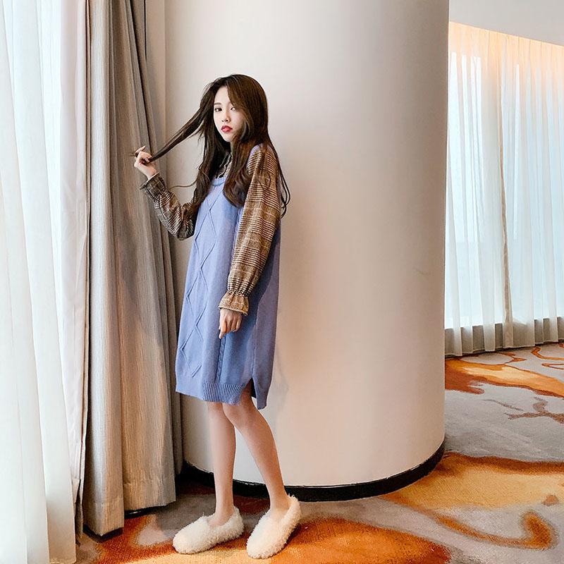 Mid-length Pullover Sweater Women Lapel Fake Two-piece Dress Autumn Winter Thick Warm Knitted Sweater Dress