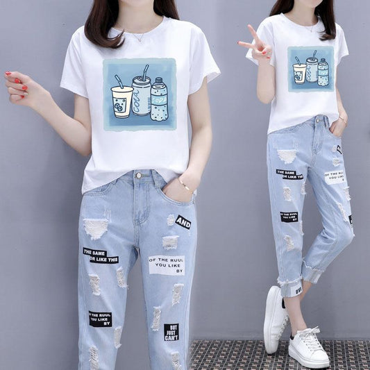Denim Casual Suit Female Short-sleeved T-shirt Nine Points Jeans Loose Casual Cute Two-piece Printed Casual T-shirt Suit