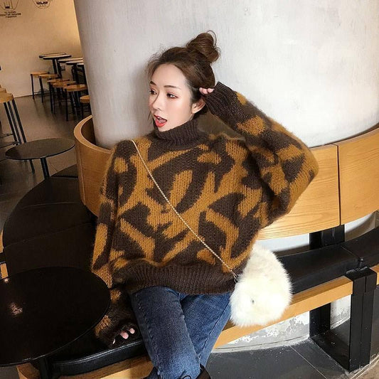 2 Colors Sexy Lady Turtleneck Leopard Sweater Knitwear Loose Pullover Jumper Short Top
