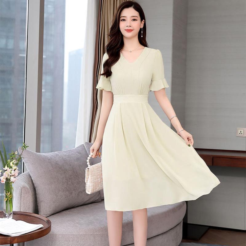 Casual Women's Chiffon Elegant Retro Trend Short Sleeve Spring Summer Mid Length Dress Solid Dress