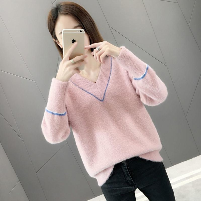 Imitation Mink Velvet Fashion V-neck Sweater Women Korean Loose Comfortable Net Red All-match Hooded Long-sleeved Blouse