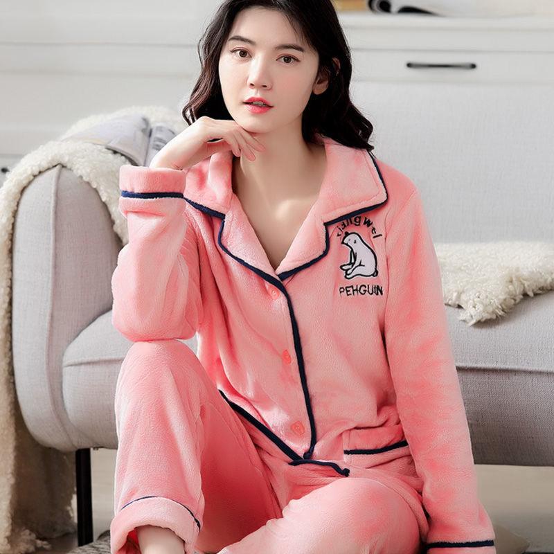 Female Flannel Pajamas Cute and Sweet Two-piece Plus Velvet Thick Coral Fleece Suit Casual Home Wear Warmth Thick and Washable