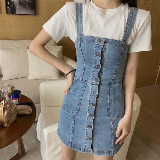 Woman Sexy Denim Strap Dress Female Slim Package Hip Dress Summer Short Denim Dress Club Party
