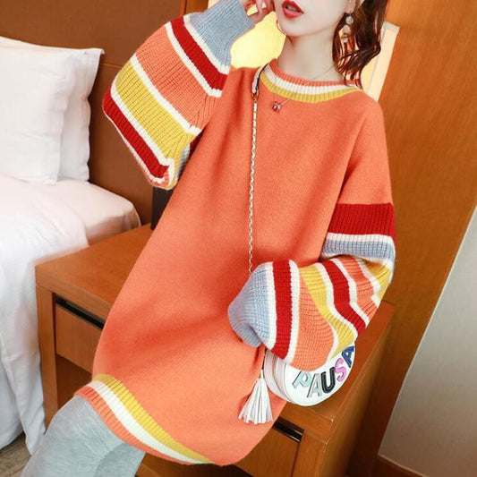 Mid-length Outer Wear Hedging Sweater Dress for Pregnant Women Loose and Versatile Splicing Color Top Fashion Casual Jacket