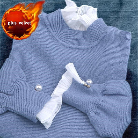 Plus Velvet Thick Warm Sweater Women Ruffles Lace Stitching Collar Pullover Sweater Short Stretchable Slim Knitwear Jumper