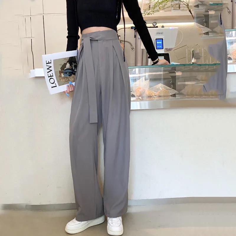 Suit Pants Women's Spring and Autumn Korean Version of Loose and Thin Drape Wide-leg Straight-leg Pants High-waist Bow Tie Trousers