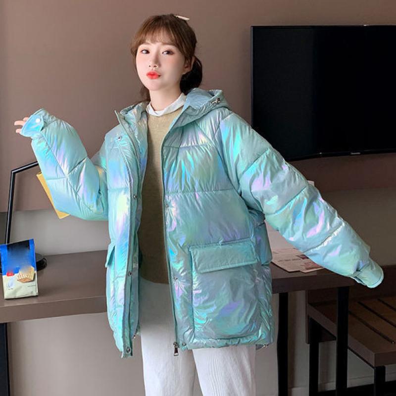 Bright Face Down Padded Jacket Women's Loose Coat Thick Bread Clothes Colorful Cotton Coat Women's Hood Keeps Warm and Comfortable