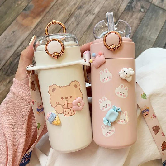 350/480ml Cartoons Stainless Steel Vacuum Flask Coffee Tea Milk Travel Straw Cup Cute Bear Water Bottle Insulated Thermos