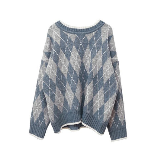 Autumn Winter Vintage Rhombus Plaid Sweater Women Thick Warm Loose Pullover Sweater Tops Bottoming /outwear
