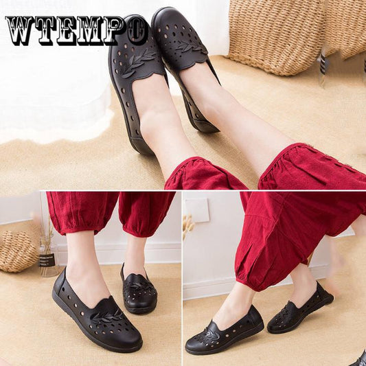 Flats Soft Leather Ballet Flats Boat Shoes Women Loafers Plus Size Hollow Out Women Sandals