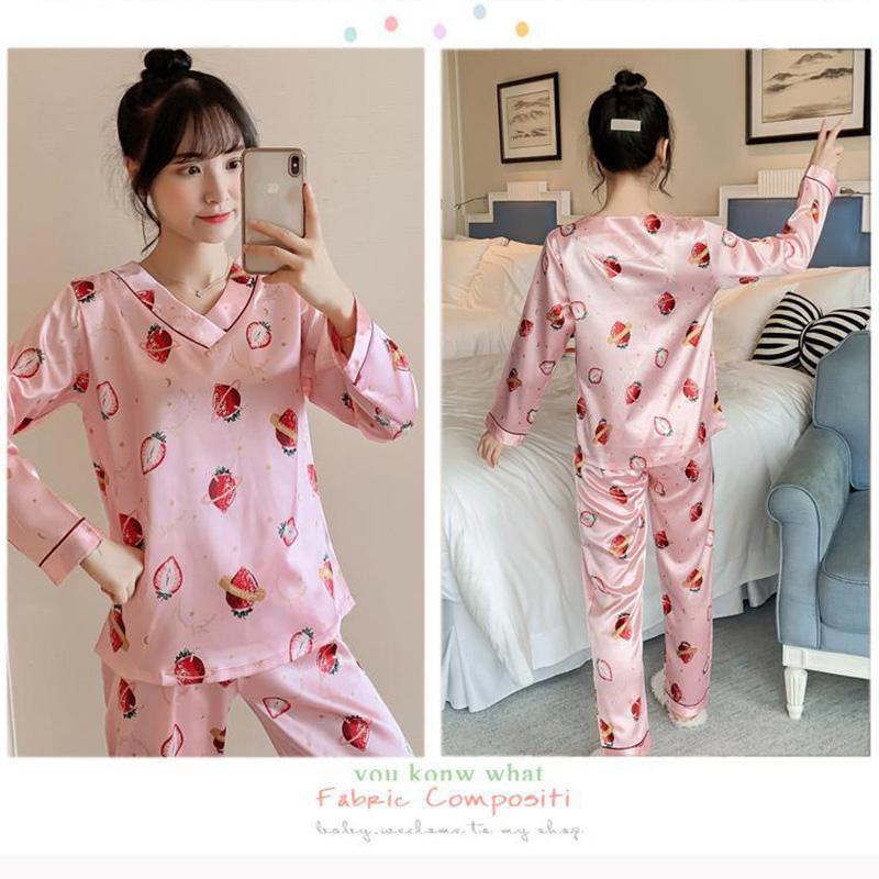 Ice Silk Pajamas Set V Neck Long-sleeved Set for Womens Spring Autumn Thin Flower Cartoon Printed Outer Wear Home Clothes Two Pieces Set