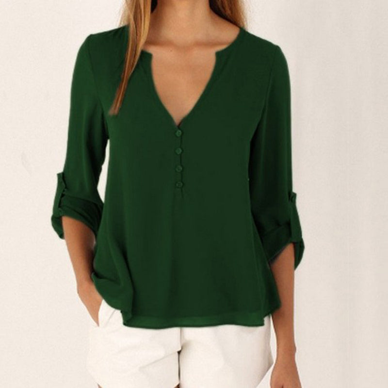 Elegant Chiffon Shirt Women Long-Sleeved V-neck Loose Large Blouses V Neck Tops Solid Color Shirts Woman Summer Clothing