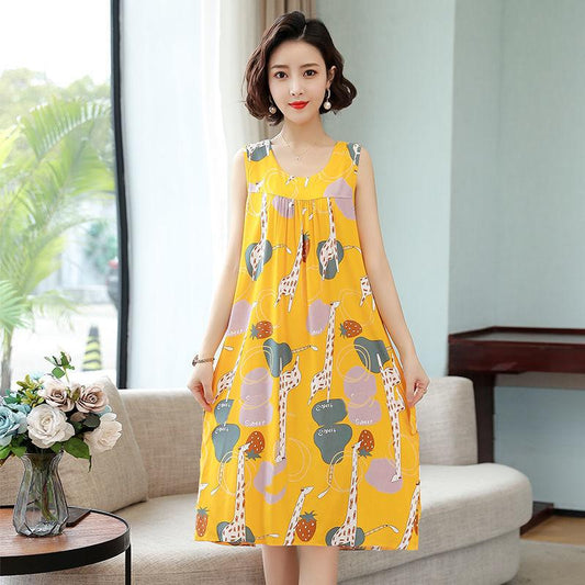 Cotton Silk Sleeveless Sling Dress Women's Summer Wear Loose Casual Printed Dress Fabric Soft Sweat-absorbent and Breathable