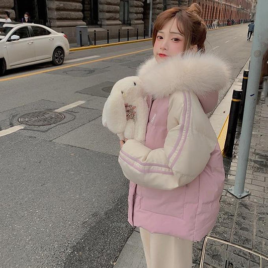 Fluffy Fur Collar Down Padded Jacket Women Autumn and Winter Thick Loose Loose Short Padded Jacket Jacket Hooded Warm Bread Jacket Padded Jacket