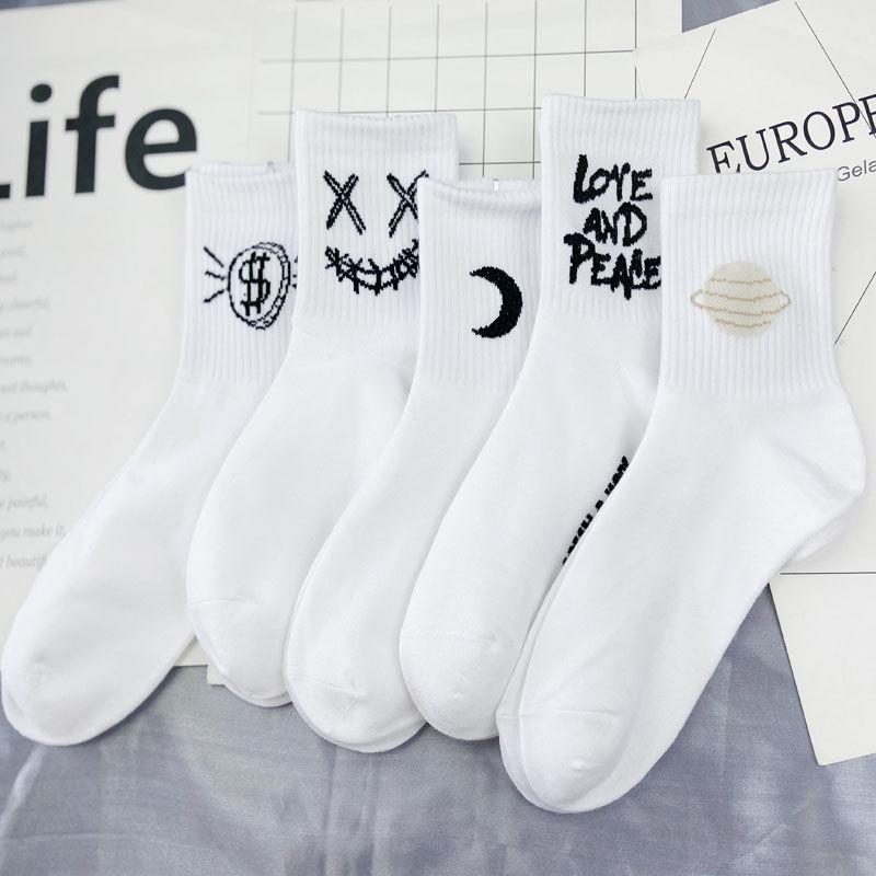 5 Pairs of Men's Cotton Hip-hop Style Skateboard Socks Cartoon Pattern Socks Breathable Soft Tube Socks