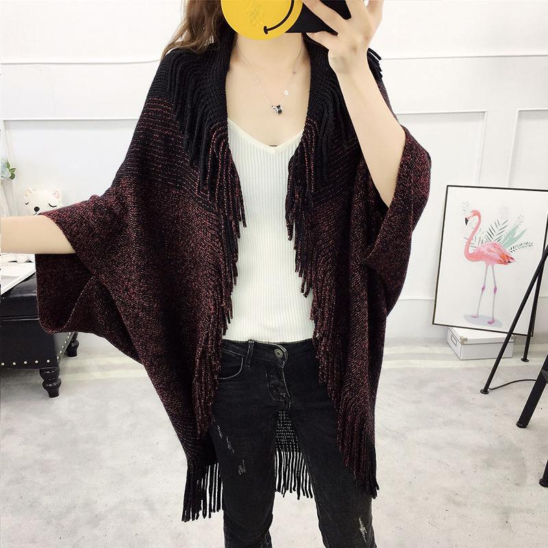 Loose Shawl Jacket Medium-length Women's Large-Size Knit Cardigan Cardigan Fringed Wild Cape Loose Large Fur Collar Knitwear Sweater Jacket