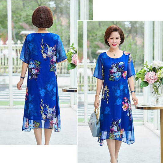 XL-XXXXXL Plus Size Mom's Summer 2 Layers Chiffon Dress Mid-length Printed Over-the-knee Skirt