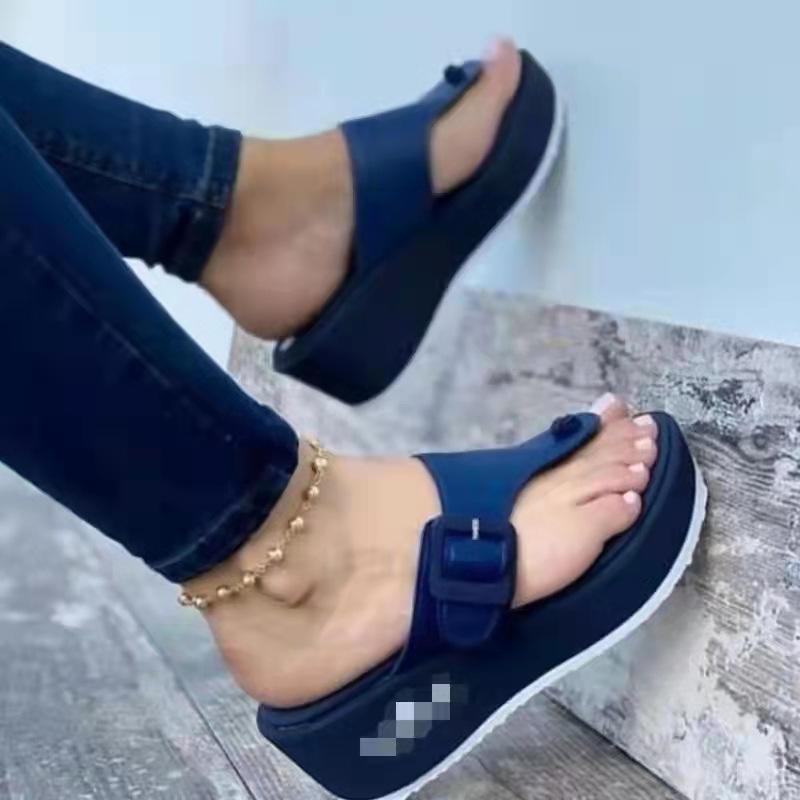 Solid Color Adult Flat-heeled Viscose Shoes Artificial PU Casual European American Breathable Low-heel Buckle Flip Flops