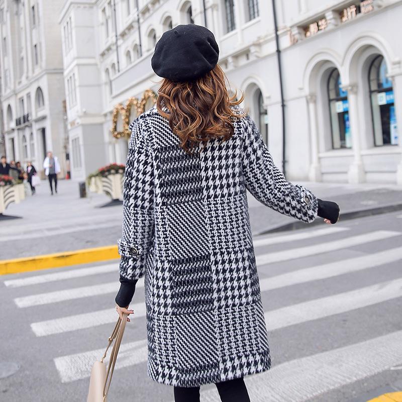 Women's Jackets & Coats Medium-long Plaid Wool & Blends Coat Turn-down Collar Pockets Parka