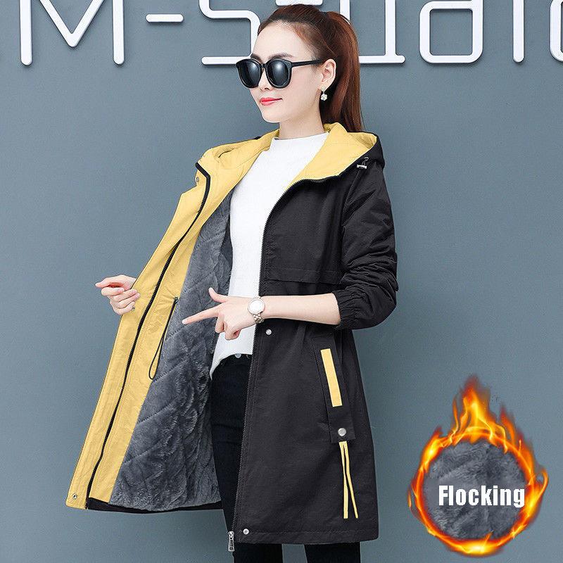 Autumn and Winter Plus Velvet Mid-length Overcoat Women's Slim All-match Hooded Parka Jacket Female Flocking Trench Coat
