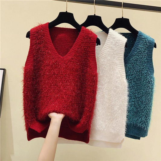 Spring and Autumn V-neck Knitted Vest Tweed Fabric Loose Sweater Women's Tassel Sleeveless Women's Top