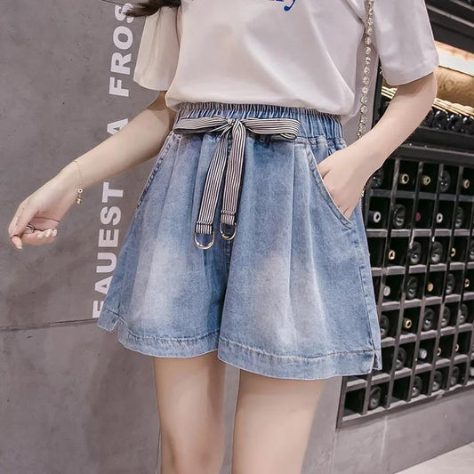 Women Summer Large Size Denim Shorts Versatile Vintage Loose Light Blue Wide Leg Casual A-line Streetwear Elastic Waist Shorts