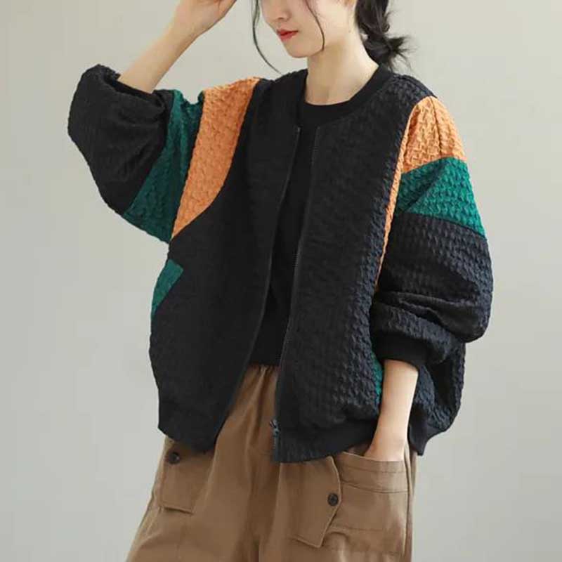 Loose Plus Size Jacket Women Stitching Contrast Color Plus Size Casual Long-sleeved Top Coat