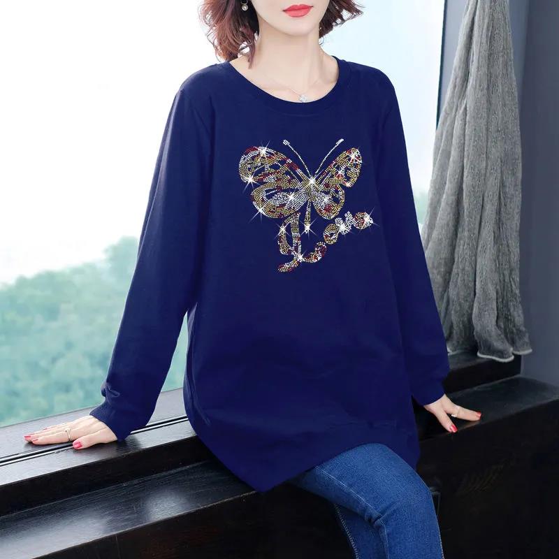 Letter Butterfly Rhinestones Pullovers Tees Spring Autumn Women Clothing Fashion Casaul Long Sleeved Round Neck T Shirt Female Loose Tops