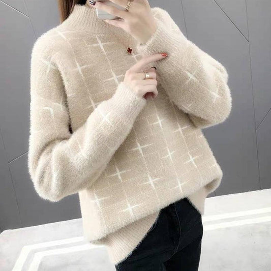 Pofulove Women Winter Warm Mohair O-Neck Pullover Sweaters Long Sleeve Loose Sweater Knitted Tops