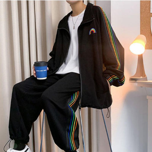 Casual Suits Men's Spring and Autumn Suits Tide Brand Striped Cardigan Jacket Loose Rainbow Sportswear Two-piece Set