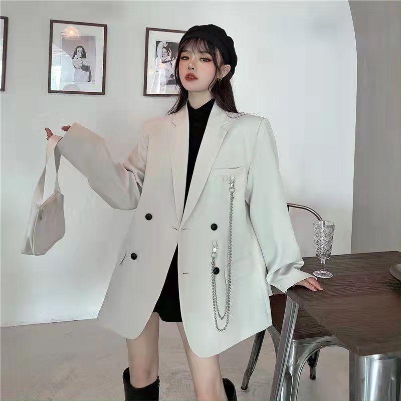 Suit Jacket Women's Trendy Dark Black Retro Loose And Thin Fried Street Suit Jacket Women 2022 Spring And Autumn Loose Coat