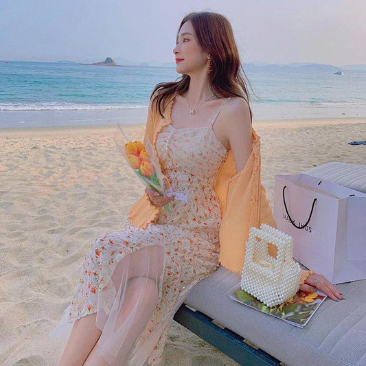 Floral Sling Dress Female Spring Summer Casual V-neck Sleeveless Mid-length Casual Comfortable