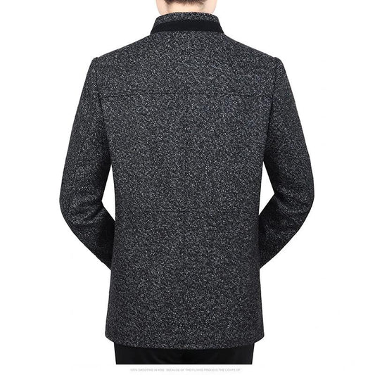 Men's Autumn and Winter Wool Plus Velvet Padded Jacket Stand-collar Casual Jacket Male Warm Thick Coats Mid-length Thick Coat Black Grey Outerwear