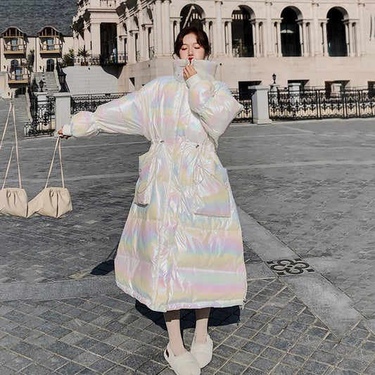 Bread Coat Cotton-padded Jacket Women's Winter Loose Stand-up Collar Without Hood Mid-length Thickened Shiny Down Padded Jacket Winter Warm Jacket