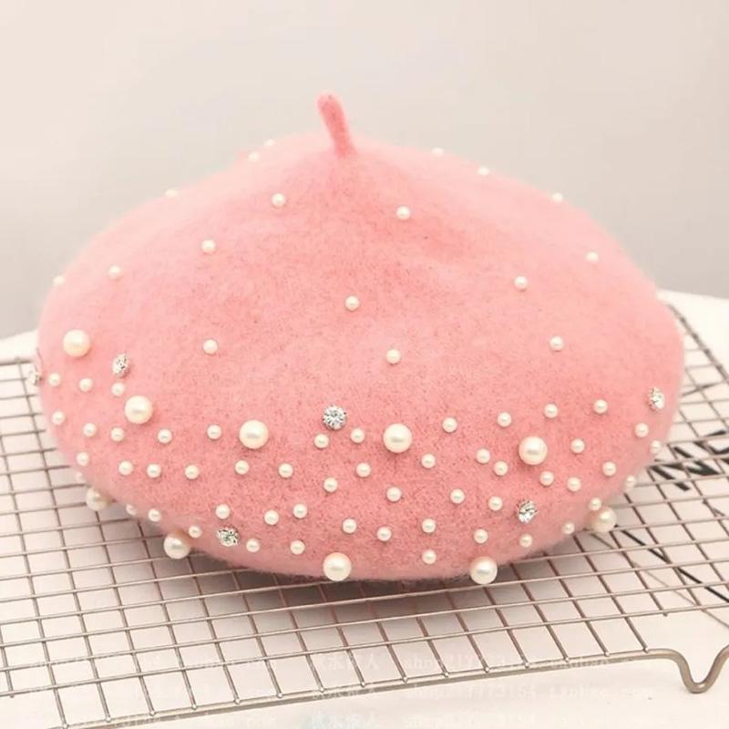 Women's Wool Beret Autumn Casual Pearl Rivet Solid Color Beret