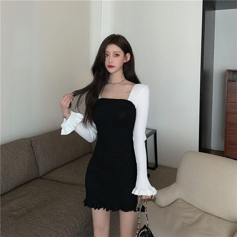Sweet Wood Ear Knitted Skirt Autumn Stitching Contrast Color Exposed Clavicle Dress