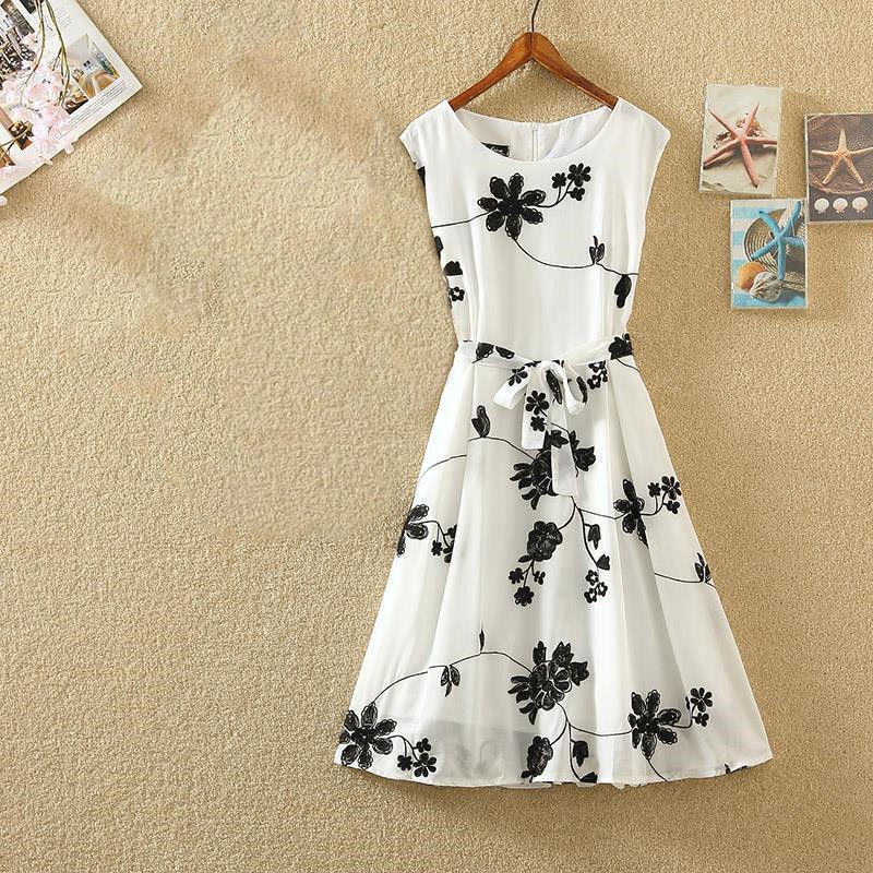 Mid-length S-XXXL Women's Summer Dress Chiffon Veil Round Neck Printed Daily Wear