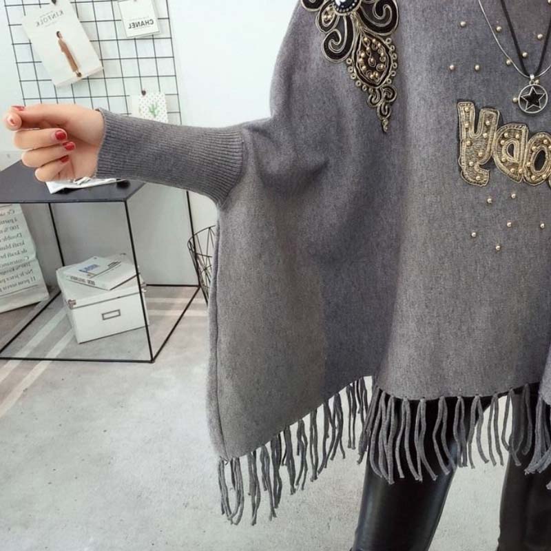 2021 New Autumn and Winter High Neck Women's Plus Size Sweater Loose Bat Sleeve Jacket Knit Sweater Cloak-style Tassel Shawl