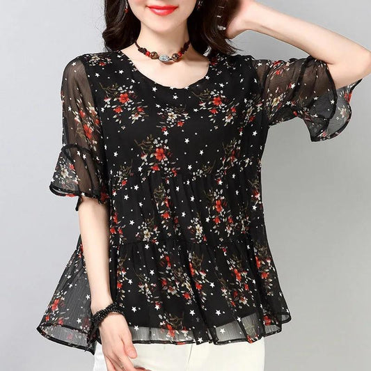 Chiffon Shirt Short -sleeved Large Size Women's Shirt Floral Loose T-shirt Round Neck Shirt