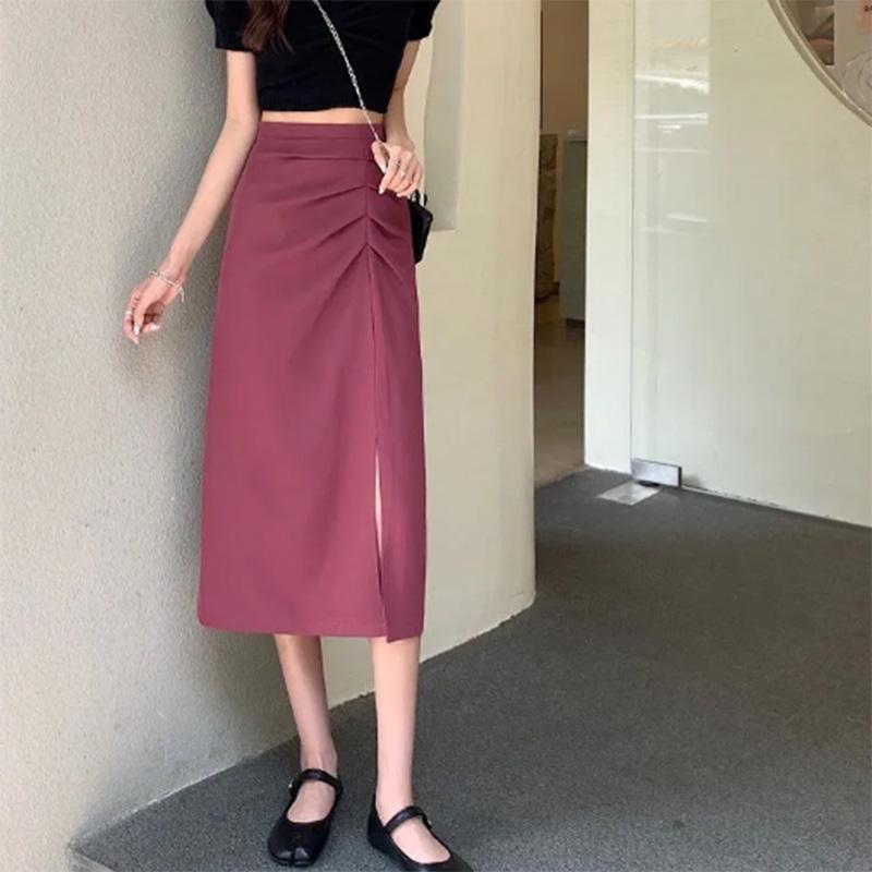 Pleated Slit Hip Skirt Summer Korean Version A-line Skirt High Waist Slim Mid-length Black Skirt Women