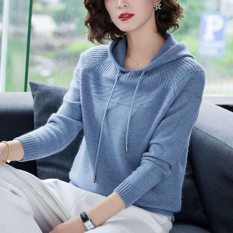 Autumn and Winter Loose Hooded Sweater Knitted Casual Solid Color Sweater Fashion Simple Female Sweater