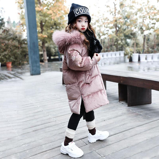 Girls' Windproof and Warm Quilted Jacket Plus Velvet Mid-length Thick Winter Clothes