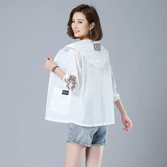 Women's Autumn Large Size Embroidered Short Coats Spring and Summer Solid Color Breathable Loose Sunscreen Coats