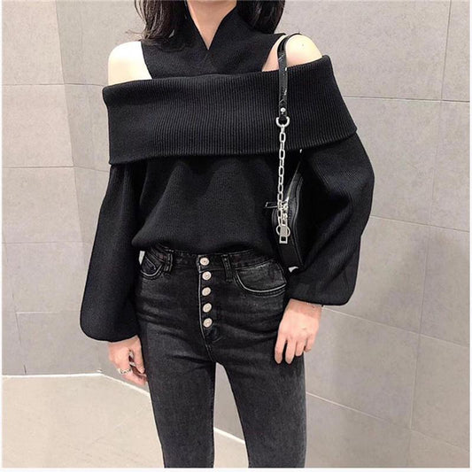 Off Shoulder Sexy One-neck Blouse Loose Knit Bottoming Shirt Fashion Outer Wear Spring and Autumn Jacket