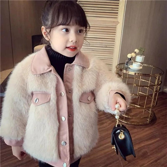 Girls Faux Fur Fox Fur Jacket Winter Children Korean Thickening Warm Wool Sweater Children Cute Fashion Fur Cotton Clothing