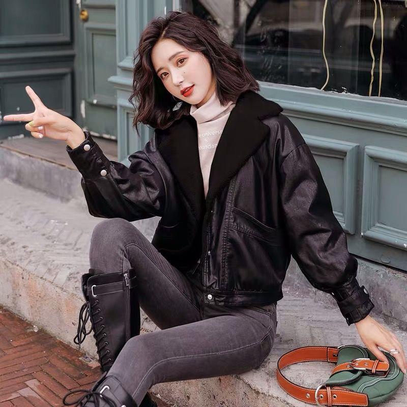 Women's Leather Winter Clothing Korean Style Short Loose Leather Jacket Lamb Hair Plus Velvet Thick Motorcycle Leather Jacket